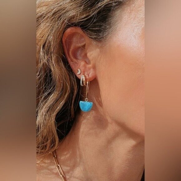 Faceted Turquoise Hoop Earrings – 18K Gold PVD Stainless Steel, Waterproof, Hypo - Picture 3 of 6